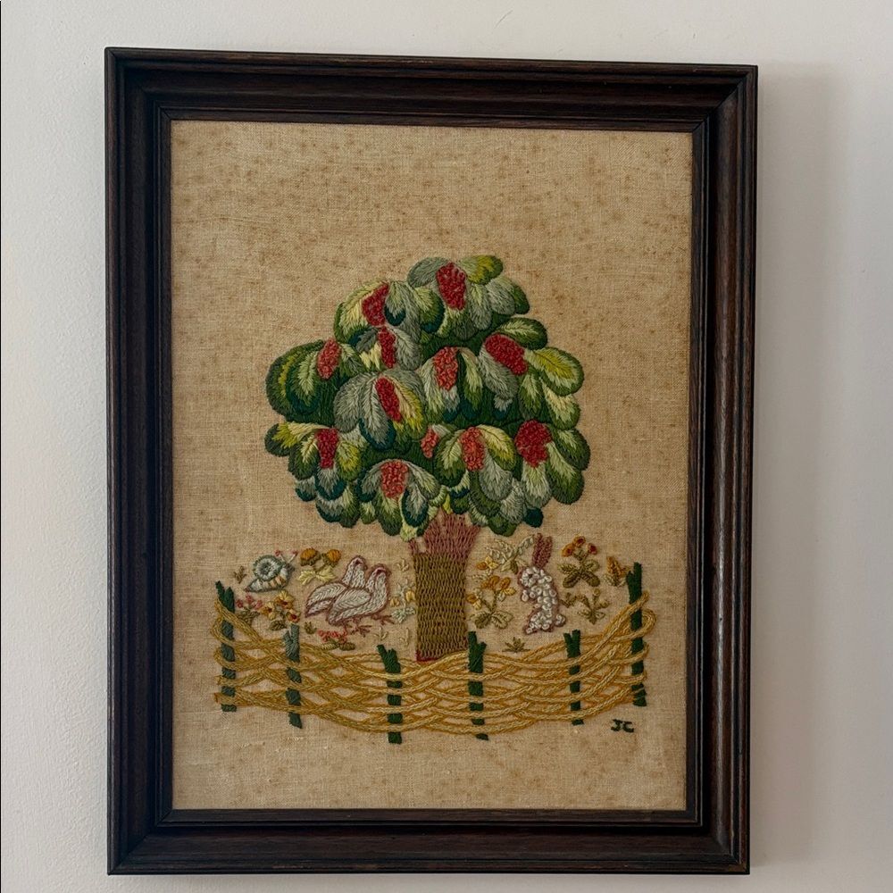 Framed Crewel Tree Bunny mushroom fence bird Art
